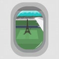 A view from the window of a flying airplane over the Eiffel tower in Paris. Flat style.