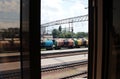 The view from the window at the freight train