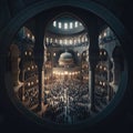 View through the window of the interior of the mosque and the gathering crowds of people. Mosque as a place of prayer for Muslims