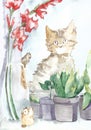 View from the window, a kitten is sitting, there are flowers. Made in watercolor