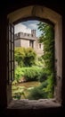 view from the window of the medieval castle in the garden with the pond Royalty Free Stock Photo