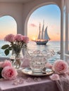 Wedding table setting with flowers and sea view with sailing yacht at sunset