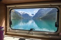 View from the window of the motorhome RV Caravan on the beautiful nature of Norway Royalty Free Stock Photo