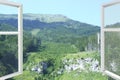 View from window mountain panorama with rural houses. Window of room