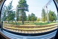 A view from a window of a moving train shot on a wide-angle lens Royalty Free Stock Photo