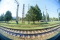 A view from a window of a moving train shot on a wide-angle lens Royalty Free Stock Photo