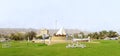 View from the window of monument to the sailboat and dolphins on a roundabout in the suburbs of the Sharjah city, United Arab Royalty Free Stock Photo