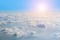 View from the window plane on amazing sky with scenic clouds at the sunset. Royalty Free Stock Photo