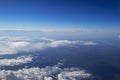 View from the window of the plane to the cumulus clouds and the infinitely blue sky.