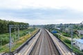 A view from a window of View from the railway bridge to the empty railwaya moving train shot on a wide-angle lens Royalty Free Stock Photo