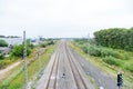 A view from a window of View from the railway bridge to the empty railwaya moving train shot on a wide-angle lens Royalty Free Stock Photo