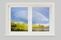 view from the window Rainbow over the river Royalty Free Stock Photo