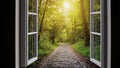 Open window onto paved path in sunny forest Royalty Free Stock Photo