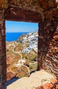 View from the window stonework on the outskirts of Oia , Santorini, Greece Royalty Free Stock Photo