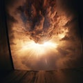View from window on terrible nuclear bomb explosion. Atomic war bomb with orange cloud and radioactive dust. Apocalypse