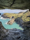 The view from a window at Tintagel Castle in Cornwall, England, from the mainland.