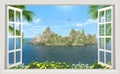 View from the window to the ocean and mountainous island 3d rendering