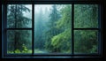 view from the window to the rainy forest, rainy day, beautiful view, back Royalty Free Stock Photo
