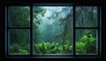 view from the window to the rainy forest, rainy day, beautiful view, back Royalty Free Stock Photo