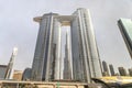 View from the window of a tourist bus on the Address Sky View hotel and the Burj Khalifa building of the Dubai city, United Arab Royalty Free Stock Photo