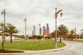 View from the window of a tourist bus on the decorative garden at the entrance to the presidential palace - Qasr Al Watan in Abu Royalty Free Stock Photo