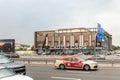 View from the window of a tourist bus on the Exotic cars building of the Dubai city, United Arab Emirates Royalty Free Stock Photo