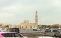 View from the window of a tourist bus on Mohammad Khamis Bin Hendi Almeheiri Masjid mosque of the Dubai city, United Arab Emirates