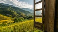 view from window at a wonderful landscape nature view with rice terraces . Ai Generative Royalty Free Stock Photo