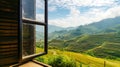 view from window at a wonderful landscape nature view with rice terraces . Ai Generative Royalty Free Stock Photo