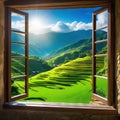 View from window at a wonderful landscape nature view with rice terraces and space for your Royalty Free Stock Photo