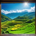 View from window at a wonderful landscape nature view with rice terraces and space for your Royalty Free Stock Photo