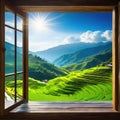 View from window at a wonderful landscape nature view with rice terraces and space for your Royalty Free Stock Photo