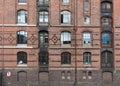 View of the windows and brick facade in the Speicherstadt, Hamburg