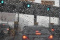 View through the windshield on the road checkpoint motorway in the rainy season.