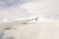 Aerial view of wing from jetplane blue sky and big white cloud background