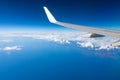 View of the wing of an airplane flying above the clouds at high altitude under a blue sky from the passenger window. In flight Royalty Free Stock Photo