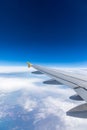 View of the wing of an airplane flying above the clouds at high altitude under a blue sky from the passenger window. In flight Royalty Free Stock Photo