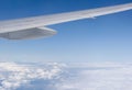 View of wing of airplane with open flaps from window with blue sky above clouds background Royalty Free Stock Photo
