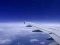 View of the wing of a jet plane and the sky with clouds. Royalty Free Stock Photo