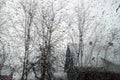 View on winter house and trees through wet windshield with rain drops