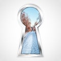 View of winter landscape in abstract silver keyhole