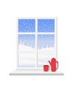 View of the winter landscape from the window with a white frame. Royalty Free Stock Photo