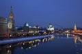 View of winter night Moscow and the Moscow river from the Bolshoy Moskvoretsky bridge. Moscow