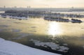 View of the winter river Ob in Novosibirsk on a gloomy day bird` Royalty Free Stock Photo