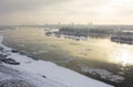 View of the winter river Ob in Novosibirsk on a gloomy day bird` Royalty Free Stock Photo