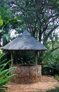 LION`S WISHING WELL FEATURE IN PRETORIA BOTANICAL GARDENS, SOUTH AFRICA WITH THATCHED ROOF