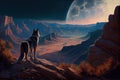 view of wolf looking down on a mountain valley, with the moon rising above the horizon Royalty Free Stock Photo