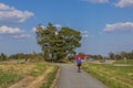 View of woman on bicycle on bicycle paved road on summer day.