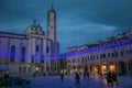 View of the wonderful main square Piazza del Popolo of Ascoli Piceno with blue christmas lights at winter time, Marche, Italy