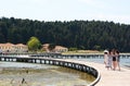 View of the wooden bridge to the Zvernec Monastery. Narta lagoon. Vlore. Albania Royalty Free Stock Photo